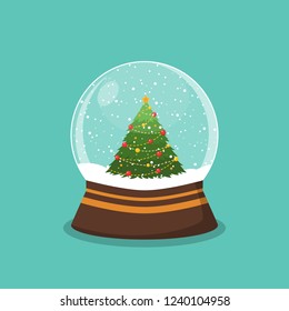 Christmas ball with snow and a Christmas tree. Snow globe. Winter christmas flat vector illustration.