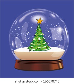 Christmas ball with snow and christmas tree, vector