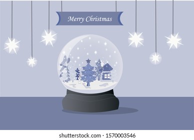 Christmas ball. With snow, Christmas trees, house, hare and Christmas tree. In blue colors with the inscription