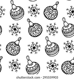 Christmas ball and snowflake black and white sketch vector seamless pattern