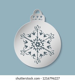 Christmas ball with a snowflake cut out of paper. Template for Christmas cards, invitations for Christmas party. Image suitable for laser cutting, plotter cutting or printing. Vector illustration