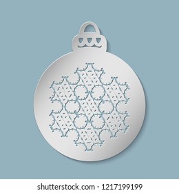 Christmas ball with a snowflake cut out of paper. Template for Christmas cards, invitations for Christmas party. Image suitable for laser cutting, plotter cutting or printing. Vector illustration
