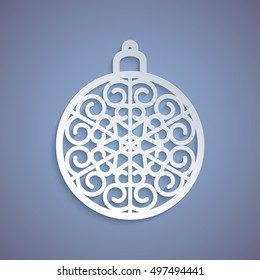 Christmas ball with a snowflake cut out of paper. Template for Christmas cards, invitations for Christmas party. Image suitable for laser cutting, plotter cutting or printing. 
Festive background.