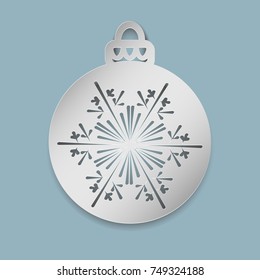 Christmas ball with a snowflake cut out of paper. Template for Christmas cards, invitations for Christmas party. Image suitable for laser cutting, plotter cutting or printing. Vector illustration
