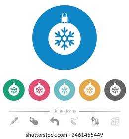 Christmas ball with snowflake flat white icons on round color backgrounds. 6 bonus icons included.
