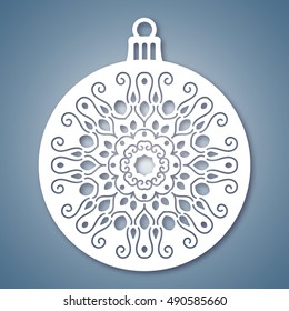 Christmas ball with snowflake. Laser Cutting template for greeting cards, envelopes, invitations, interior elements. Vector xmas paper cutting ornamental panel. Die cut card.