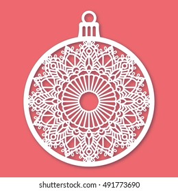 Christmas ball with snowflake. Laser Cutting template for greeting envelopes, invitations, interior elements. Vector xmas paper ornamental panel. Die cut card.