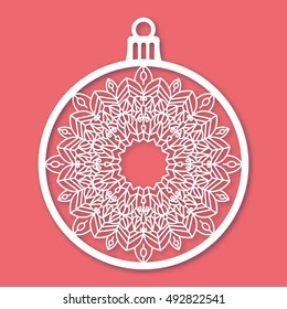 Christmas ball with snowflake. Laser Cutting template for greeting cards, envelopes, invitations, interior elements. Vector xmas paper cutting ornamental panel. Die cut card.