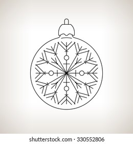 Christmas Ball with Snowflake on a Light Background, Christmas Tree Decoration, Line Style,  Black and White Vector Illustration