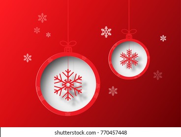 Christmas ball with snowflake on red background, paper art style vector illustration