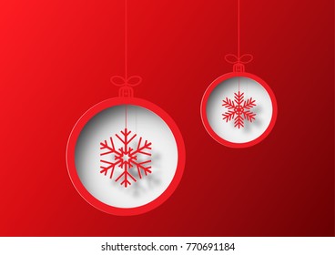 Christmas ball with snowflake on red background, paper art style vector illustration