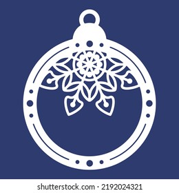 Christmas ball with snowflake, template of laser cutting. Silhouette of openwork spheres with lace ornament. Xmas tree decoration for paper cut out. Vector illustration on blue background.