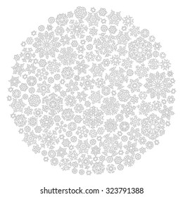 Christmas ball from snowflakes for a card vector. Pattern for coloring book. Christmas hand-drawn  doodle decorative elements in vector. Black and white pattern.  