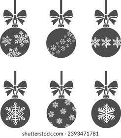 Christmas ball with snowflakes. Holiday toy solid icon set. Symbol collection. Signs pack. Editable stroke. Happy New Year vector illustration.