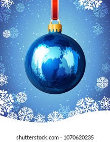 Christmas ball with snowflakes on blue background. Christmas greeting card cover.