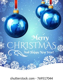 Christmas ball with snowflakes on blue background. Christmas greeting card cover.