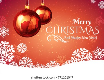 Christmas ball with snowflakes on red background. Christmas greeting card cover.