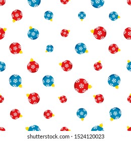 Christmas ball with snowflakes seamless pattern isolated on white. Flat Happy New Year, Christmas, winter, holidays texture for print, paper, fabric, decor, gift wrap, background. Vector illustration