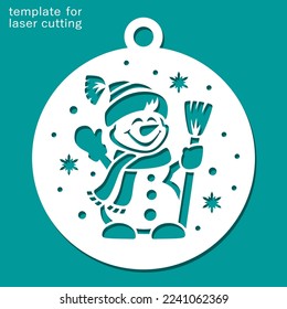 Christmas ball with a snowman. Round hanging decoration with cheerful cartoon character in hat, scarf, mittens, with broom, carrot, snowflakes. Template for plotter laser cutting, carving, engraving.