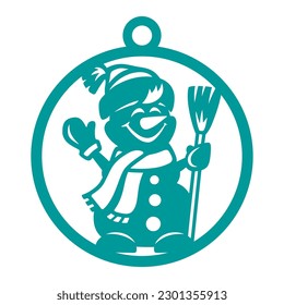 Christmas ball with a snowman. Round hanging decoration with cheerful cartoon character in hat, scarf, mittens, with broom. Template for plotter laser cutting of paper, wood carving, metal engraving.