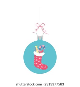Christmas ball with sock full of candies. New Year bauble. Cute hanging winter toy with bow.