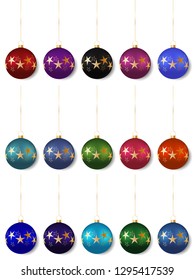 Christmas ball with star pattern on white background for holiday decoration. Christmas balls vector illustration in different colors. Set of 15 for tree decorations, banner, poster and advertising.