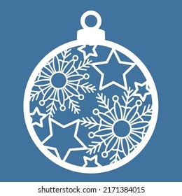 Christmas ball with stars and snowflakes cut out of paper. Template for Christmas cards. The image is suitable for laser cutting or printing. Festive background, vector illustration.