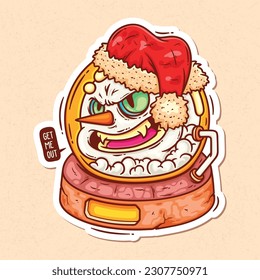 Christmas Ball with a Terrible Snowman Hand Drawn Color Vector Doodle Illustration