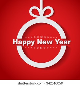 Christmas ball with text inside Happy New Year, and the long shadow on red background. Vector illustration. 