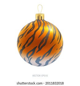 Christmas ball with a tiger skin texture. Decoration for Year of the Tiger in Chinese Zodiac. Realistic 3D vector bauble. Golden orange sphere with a wild curved black stripes. Isolated object.