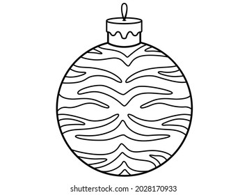 Christmas ball with tiger stripes - vector linear illustration for coloring. outline. Glass ball for decorating a Christmas tree with tiger stripes - a symbol of the year 2022 of the tiger element