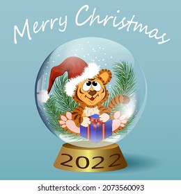 Christmas ball with a tiger.Christmas transparent ball with tiger and fir branches in vector color illustration with text.