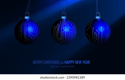 Juguete de bola de Navidad de estilo tecnológico. Futurista tarjeta de felicitación de Año Nuevo. Fondo de vacaciones de invierno