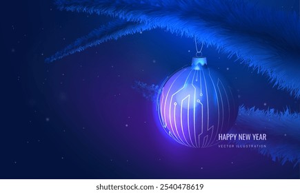 Christmas ball toy in technological style. Futuristic cyber Happy New Year greeting card. Winter holiday background