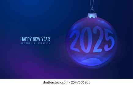 Juguete de la bola de la Navidad en estilo tecnológico. Tarjeta de felicitación futurista del año Nuevo feliz con el texto 2025. Fondo de vacaciones de invierno