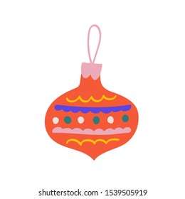 Christmas ball, traditional decoration for christmas tree with colorful various ornaments. Hand drawn cute doodle vector icon.