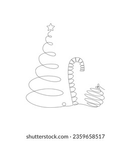 Christmas ball, tree, candy can continues one single line hand drawing vector stock illustration, isolated on background for design winter holiday banner, card, invitation. Editable stroke. EPS10