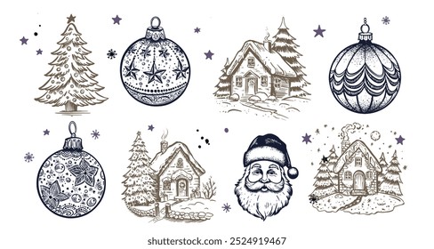 Christmas ball, tree, cookie, house, set, Hand drawn illustration	