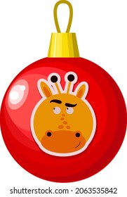 Christmas ball. Christmas tree decoration. Christmas tree red ball with a giraffe pattern.