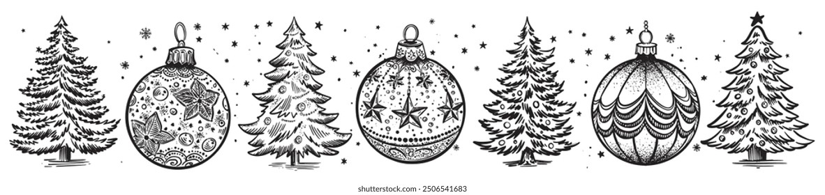 Christmas ball and tree. Hand drawn illustration.	