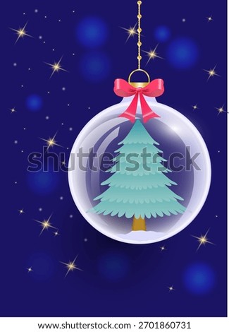 A Christmas ball with a Christmas tree inside against a background of a night sky with stars. Festive vector Christmas illustration.