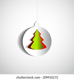 Christmas ball and tree made from papercut on white background, vector card illustration