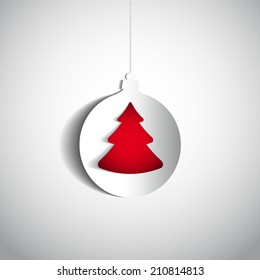 Christmas ball and tree made from papercut on white background, vector card illustration