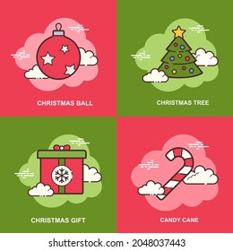 Christmas ball, tree, red gift, candy flat concept design collection
