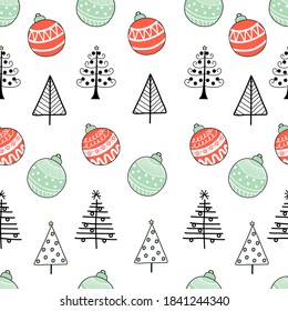 Christmas ball and tree seamless pattern on white background for Christmas wallpaper, gift wrapping, fashion print etc.