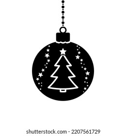 christmas ball with christmas tree, simple black filled new year symbol, decoration element, decorative art, vector illustration with negative space