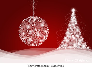 Christmas ball and Christmas tree with snowflakes. Vector illustration.