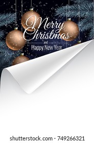 Christmas ball and Christmas tree. twisted piece of paper. Background template greeting card. Vector illustration.