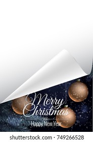 Christmas ball and Christmas tree. twisted piece of paper. Background template greeting card. Vector illustration.