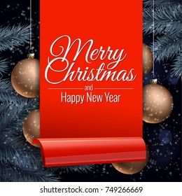 Christmas ball and Christmas tree. twisted piece of paper. Background template greeting card. Vector illustration.